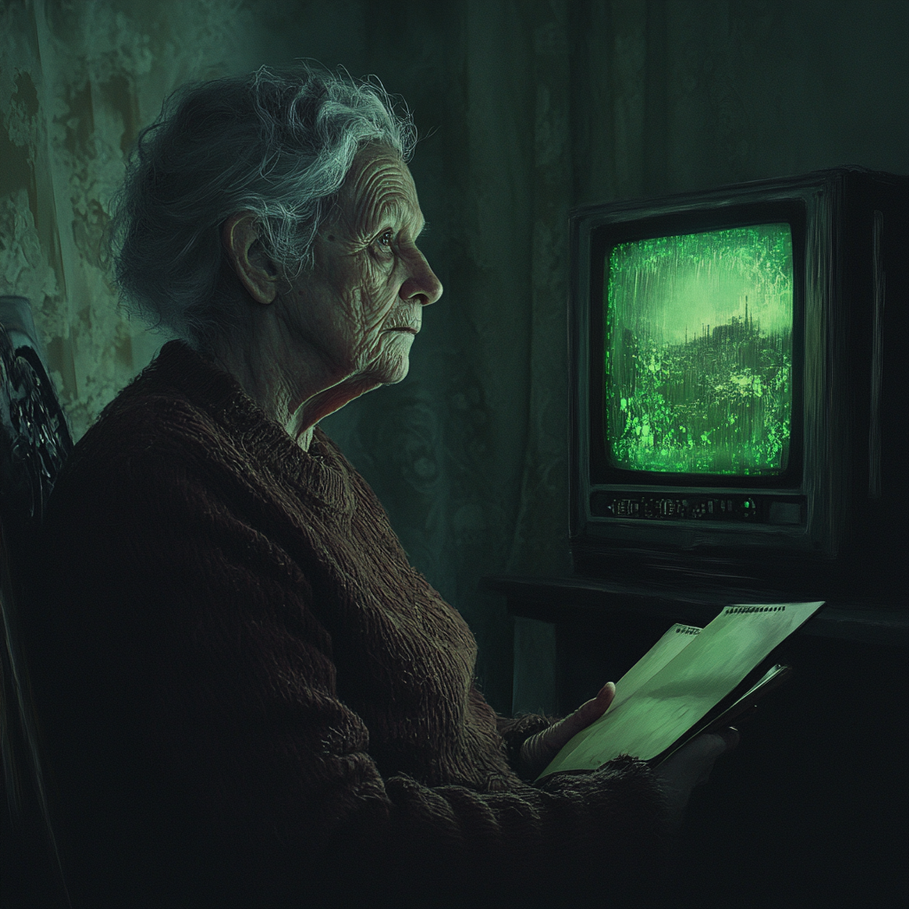 Elderly woman with green monitor reflection\n